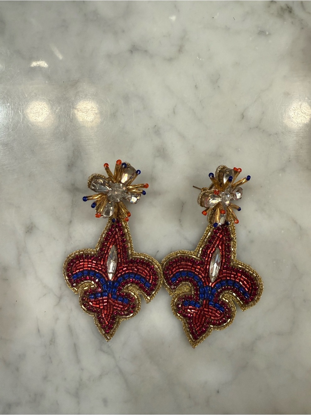 Beaded Fleur-de-Lis Drop Earrings — Red and Blue